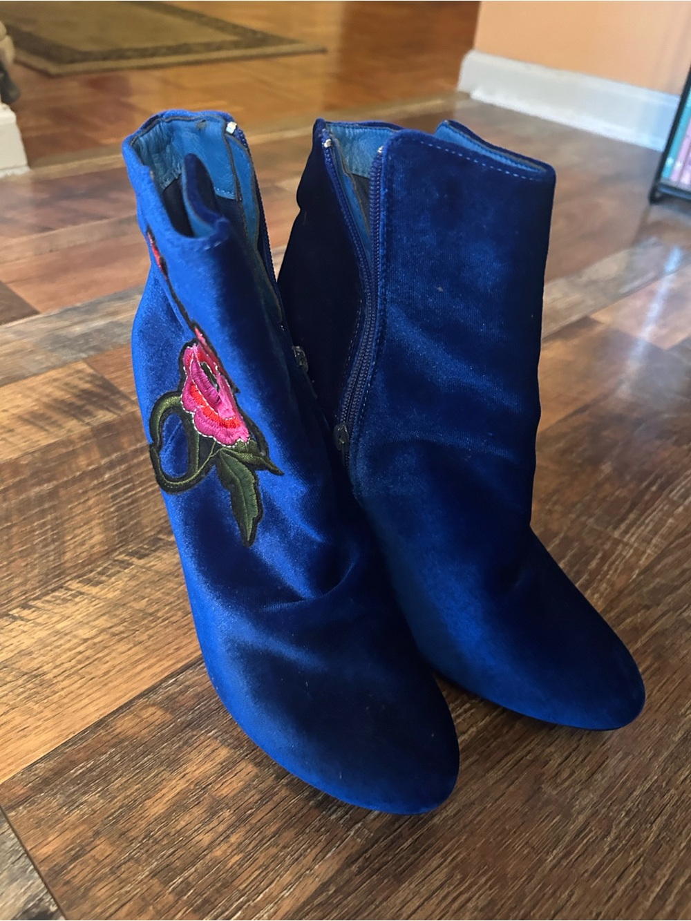 Velvet Blue Ankle Boots with Pink Rose Embroidery
